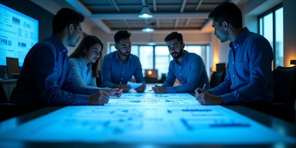 TelDiseño MX office with engineers collaborating on telecommunications network blueprints